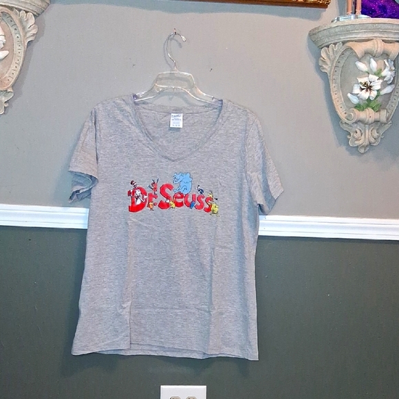 Dr. Seuss Light Gray Adult V-neck Tee with Colorful Logo - Picture 1 of 4